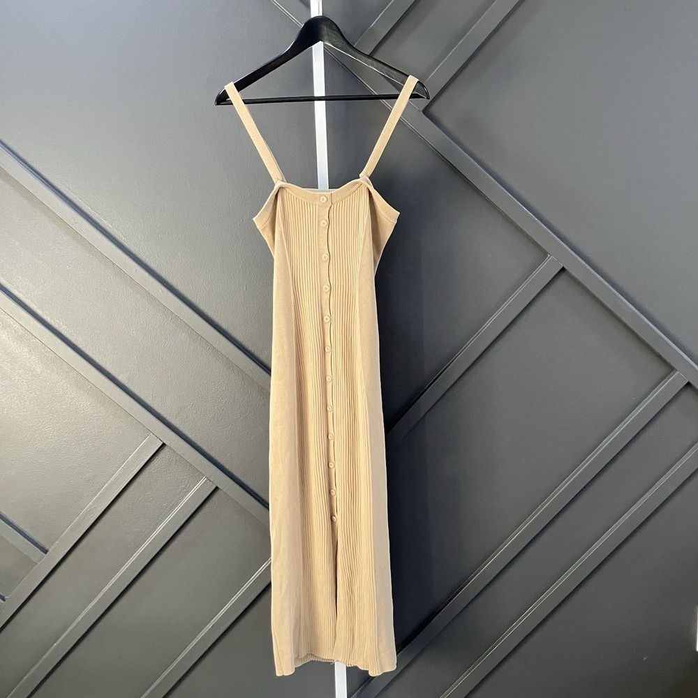 ba&sh Dress Women's Size Medium Beige Ribbed Knit Button Front Midi Tank